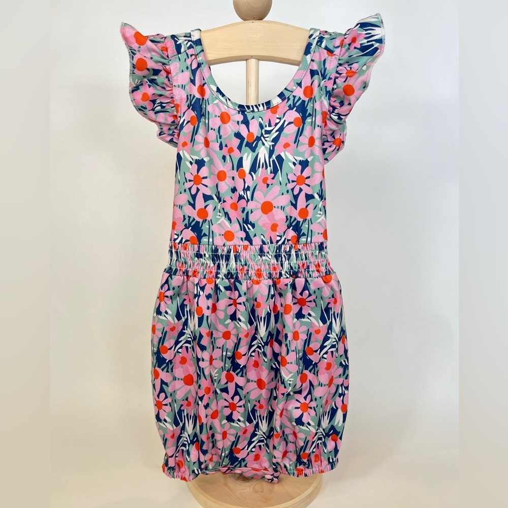 Girls Pink Floral Romper with Ruffle Sleeves Jetsetter